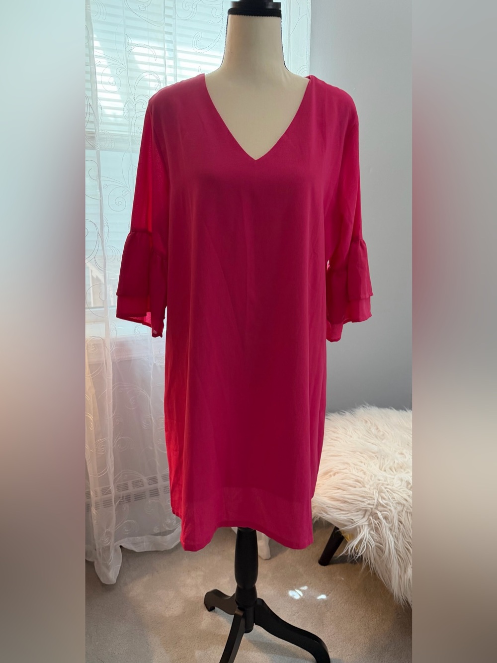 Belongsi V-Neck Ruffle Sleeve Mini Dress in Hot Pink